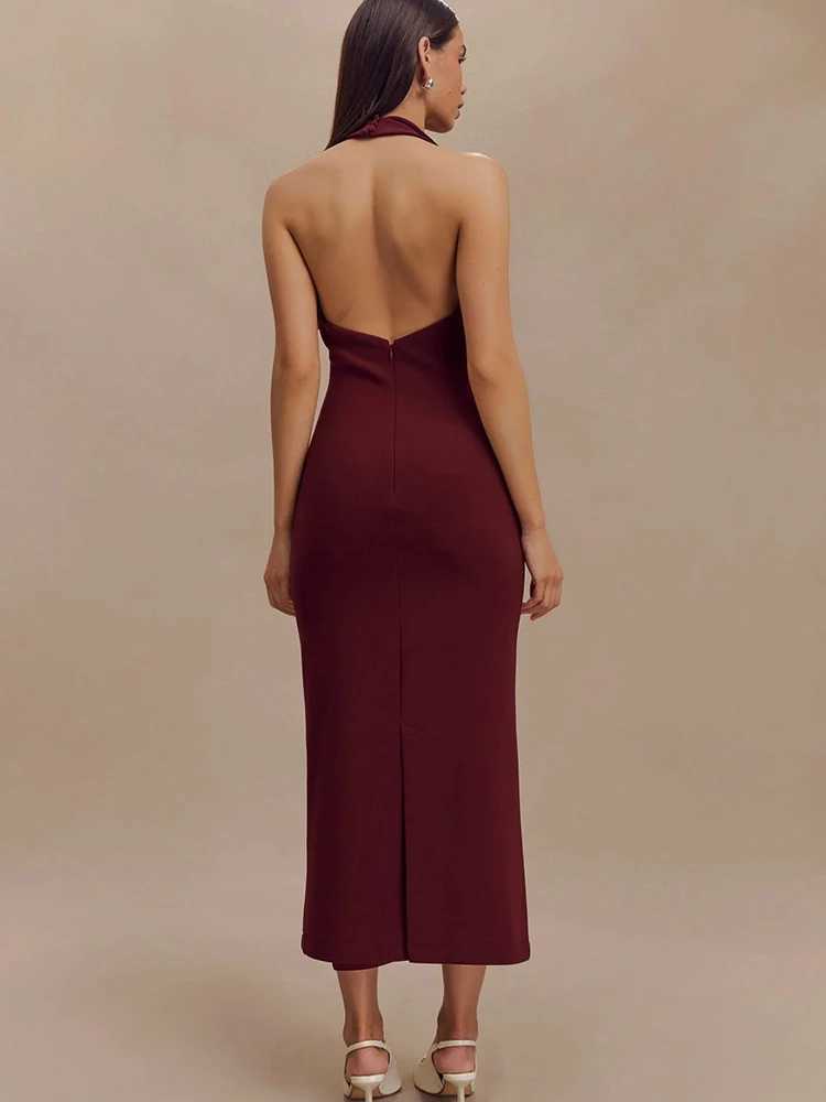 Basic Casual Dresses Fantoye Sexy Dp V-neck Halter Maxi Dress For Women Backless High Waist Dress Female Autumn New Elegant Party Club Outfits 2024 H2