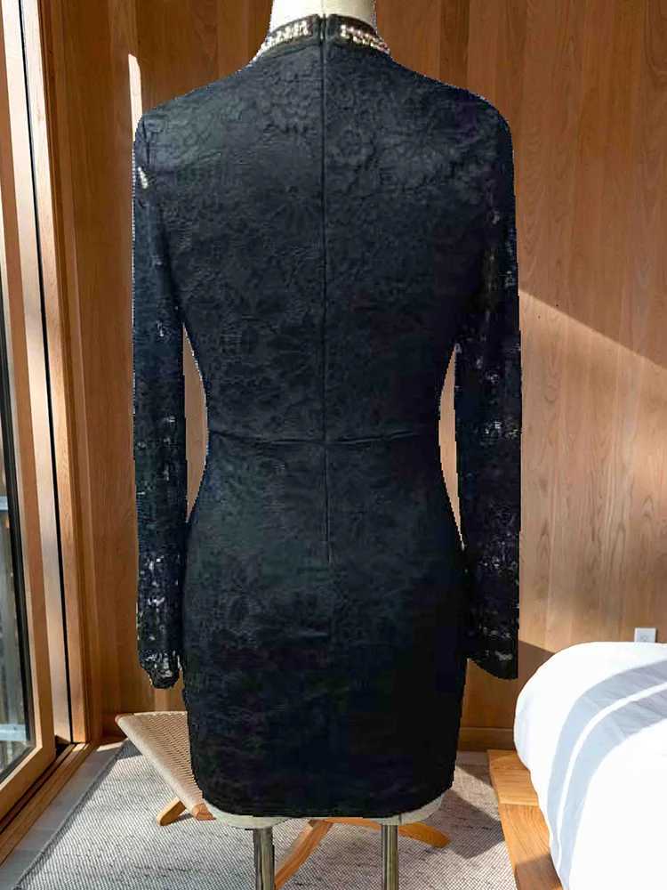 Basic Casual Dresses Rhinestone Decor Contrast Mesh Long Slve Lace Dress Women Sexy Bodycon Party Dress H25217