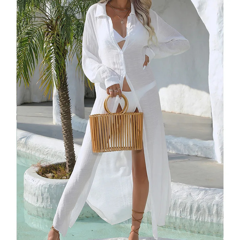 Sunscreen White Long Shirts Bikini Coverup Women Summer Sleeve Lapel Button down Beach Dress Swimwear Smock Tops 250212