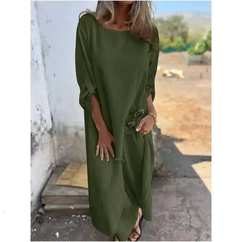 Women's 2-Piece Long Robe Dress Pants Cotton And En Solid Color Long Shirt And Wide Leg Pants Two-Piece Set