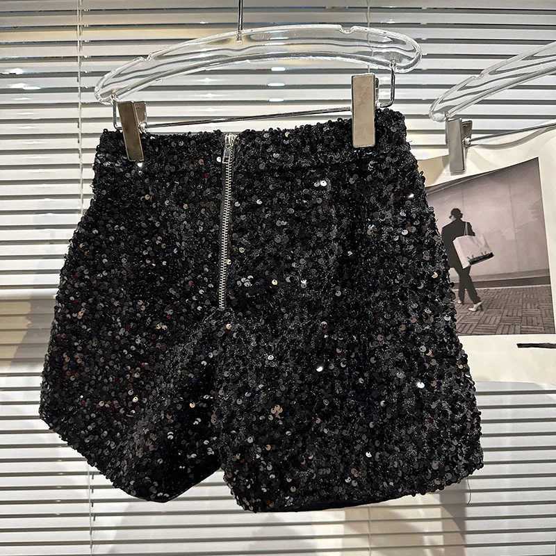 New Clubwear Shorts Ladies Sexy Sequins Shorts Loose High Waist Streetwear Wide Leg Short Pants Sr Black Women ClothingXJ250217