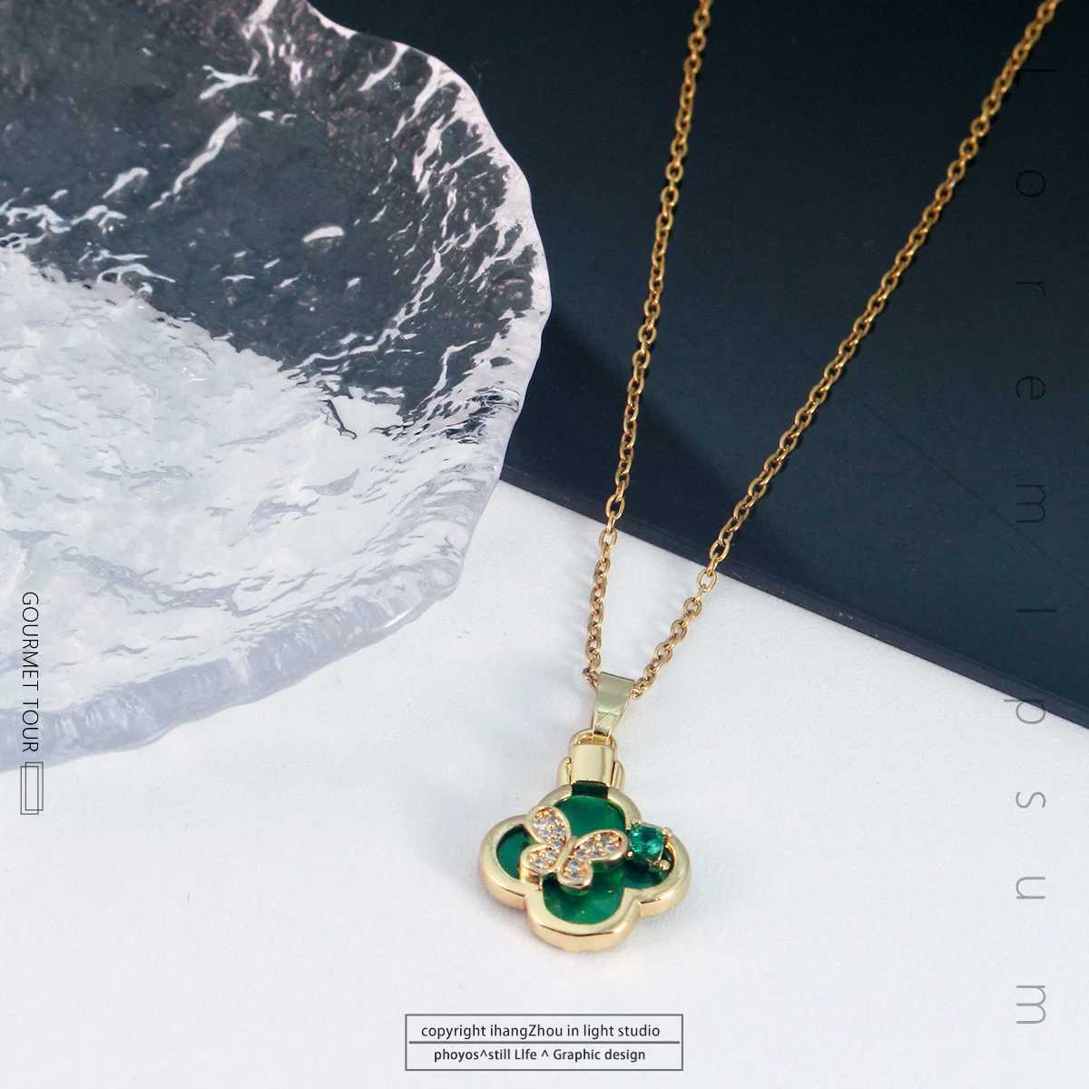 Pendant Necklaces New Green Four Leaf Clover For Women Lucky Gold Color Butterfly Stainless Steel Necklace Fashion Jewelry Gift H250217
