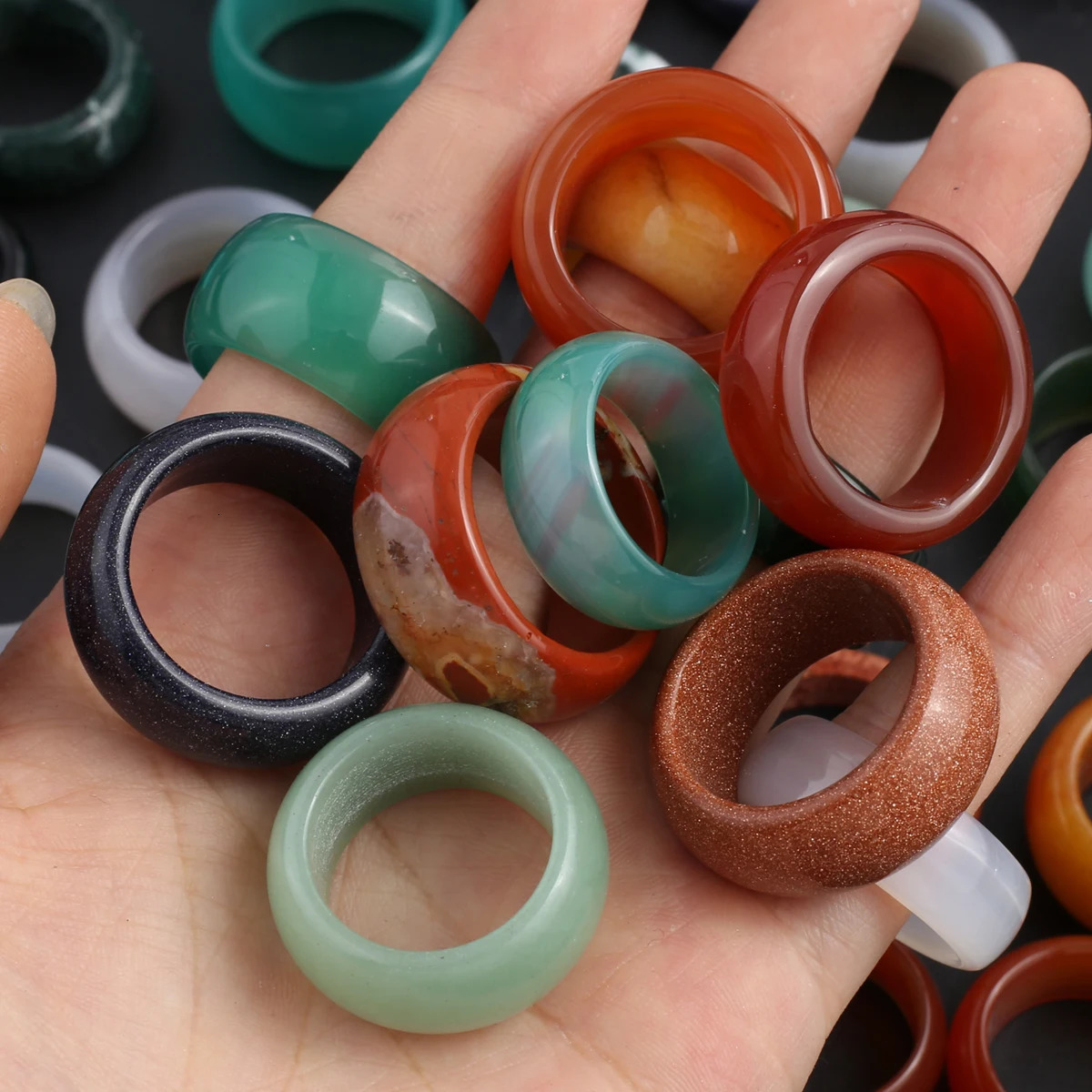 10 PCS Wholesale Natural Stone Ring Agate Unakite Jade Flat Ring 23x9-28x12mm Charm Jewelry Women and Mens Accessories Gift 250213