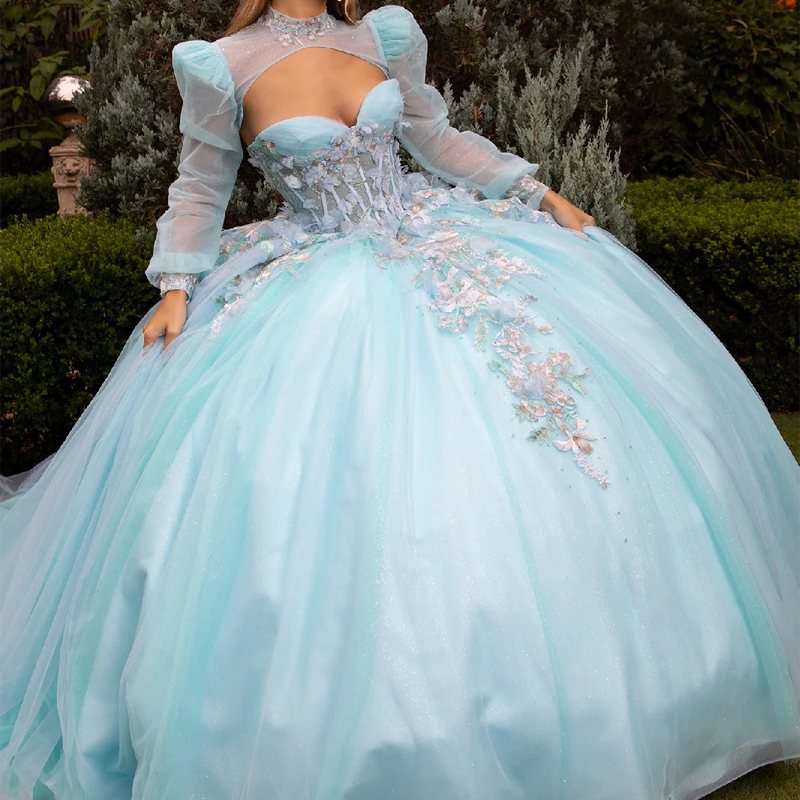 Water Blue Shiny Quinceanera Dresses Ball Gown Off The Shoulder Applique Lace Beads Corset Tull Party Birthday Swee 16 Dress Vestido 15 De Anos