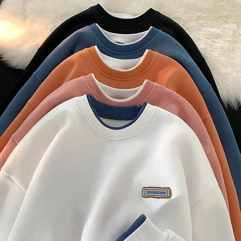 Fashionable Mens Round Neck Sweatshirt Solid Color Loose Fit College Style Top Autumn Winter 2024 Arrivals 250217