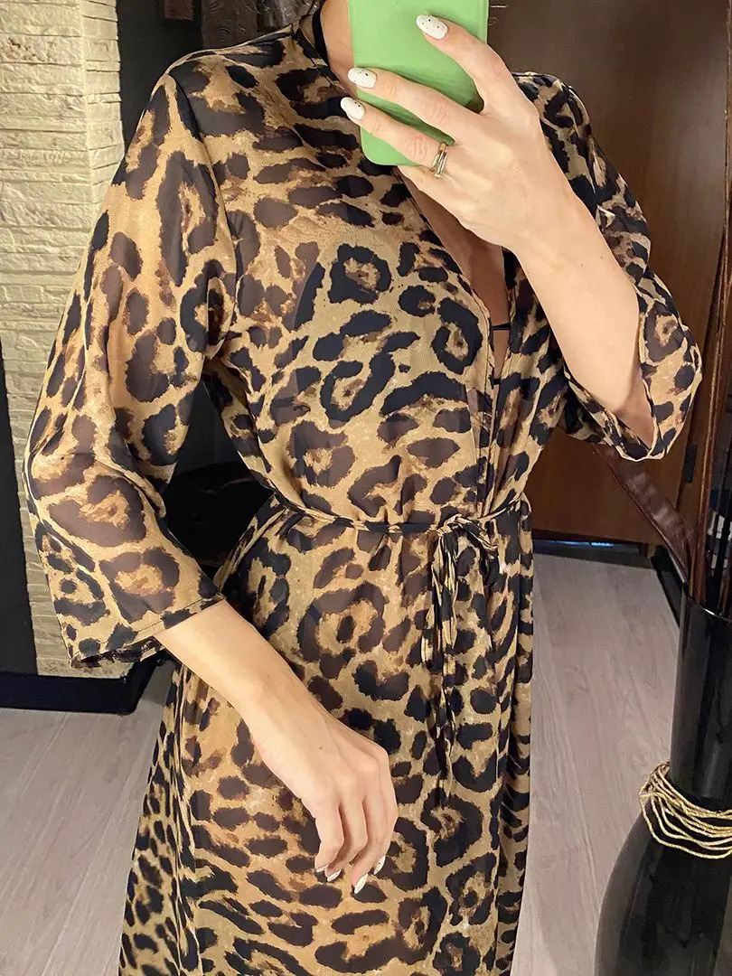 Sexy Leopard Printed Beach Cover Up Chiffon Coverups Swimwear Wear Summer Beachwear Female Women Long Dress V3219 250212