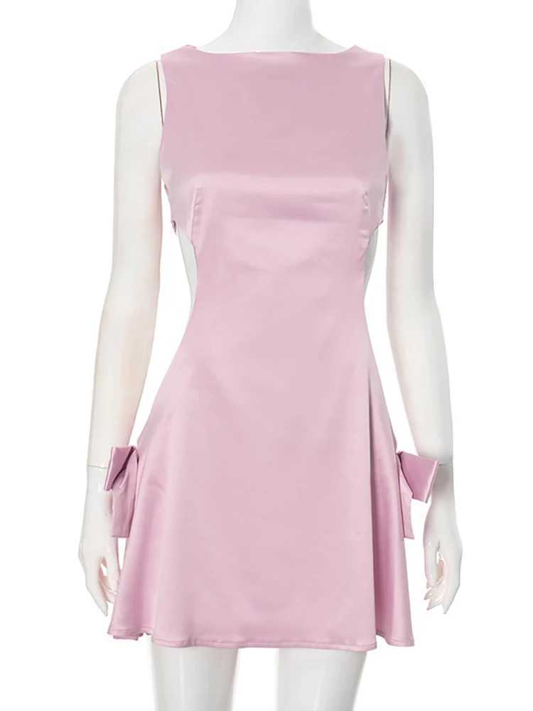 Basic Casual Dresses Fantoye Satin Sexy Hollow Out Bow Women Dress Slveless Round Neck Dress Female Summer New Elegant Party Clubwear Vestidos H25217