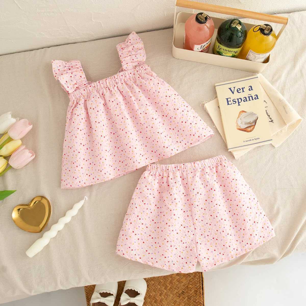 Girls Set 0-3 Years Old Summer New Bow Little Heart Flying Sleeve Camisole Top+Same Sle Shorts Two-Piece Set W250218