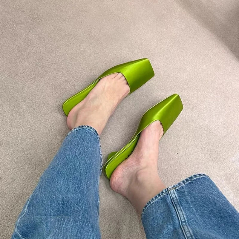 Sandals Square Toe Loafers Ladies Slippers Female Shoes Mules for Women Slides Low on A Wedge Block Heels er 250213