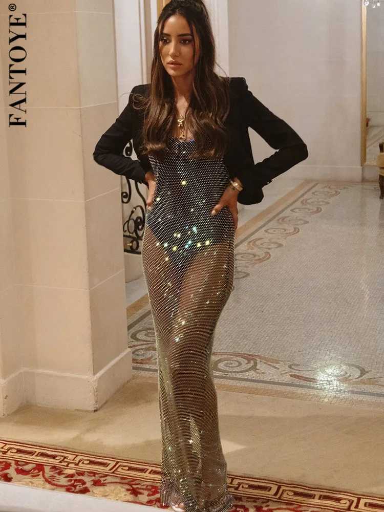 Basic Casual Dresses Fantoye Glitter Crystal Diamond Fishnet Women Dress Black Slveless S Through Maxi Dress Female Slim Hot Girl Party Clubwear H2521