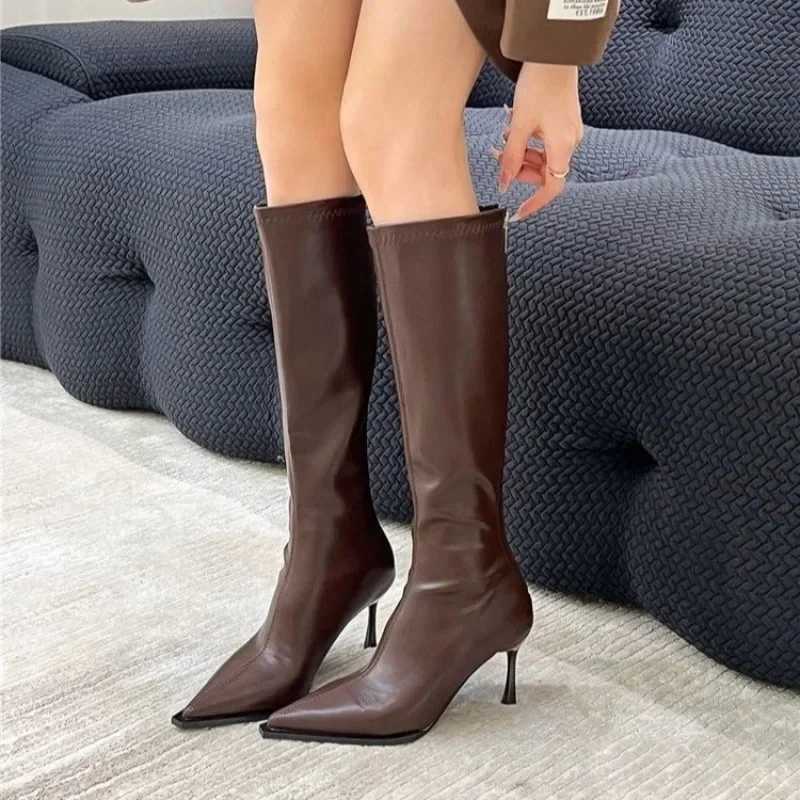 2024 New Winter Womens Pointed Toe High Stiletto Heel Pleated Knee High Boots Womens Mid-Leg Comfortable Zapatos De MujerXJ250217