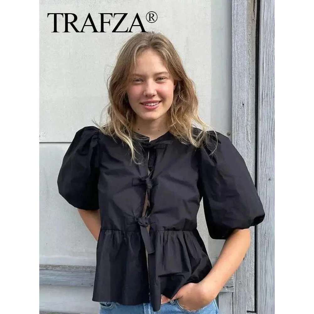 TRAFZA Women Causal O Neck Short Puff Sleeve Shirt Sweet White Bow Lace Up Tops 2024 New Fashion Chic Female Streetwear Blouse