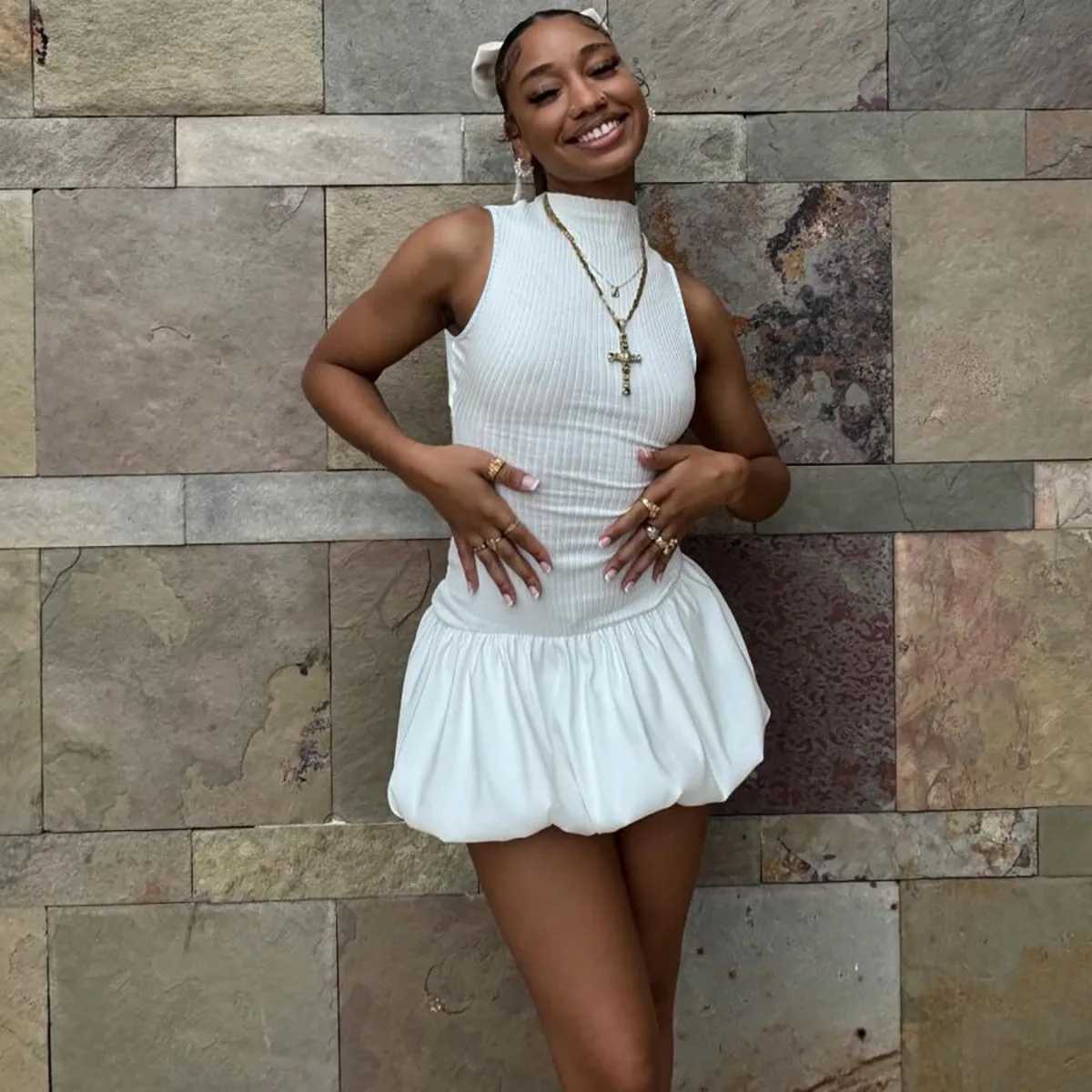 Basic Casual Dresses Lygens Elegant Knitting Slveless Backless Short Bubble Ball WomenS Dresses Elegant Evening Casual Clothing Y2K Strtwear H25217