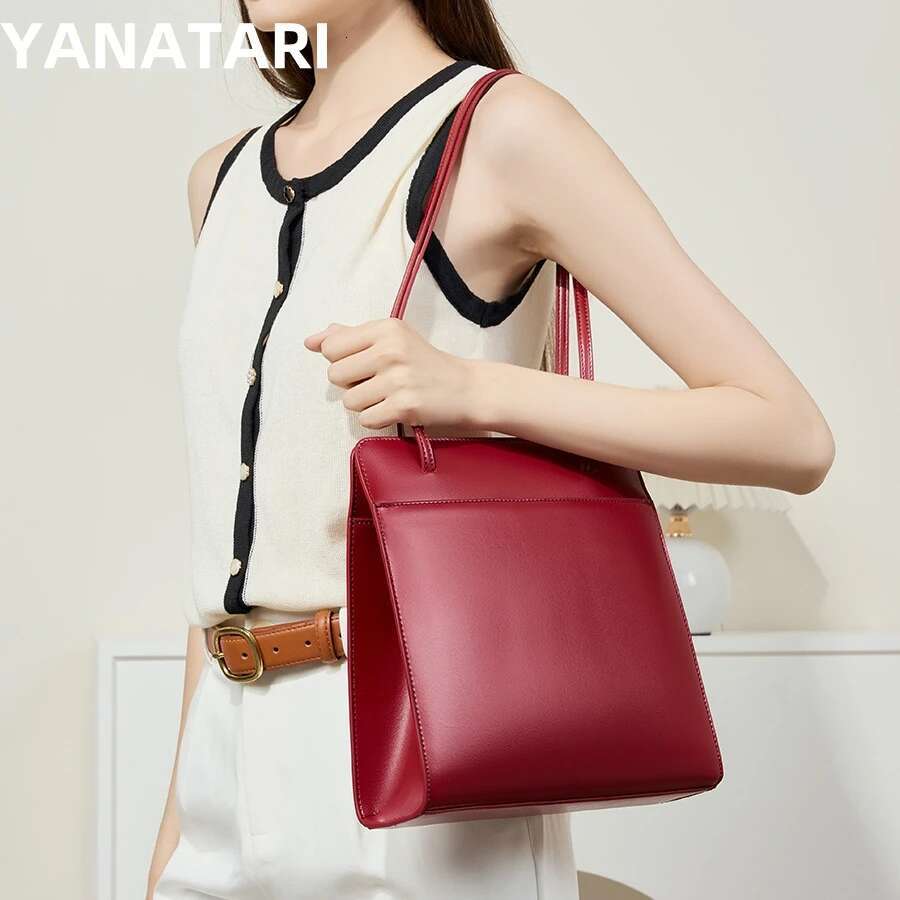YANATARI Genuine Leather Large Shoulder Tote Bag Ladies Minimalism Red 2024 Large Capacity Handbag Woman