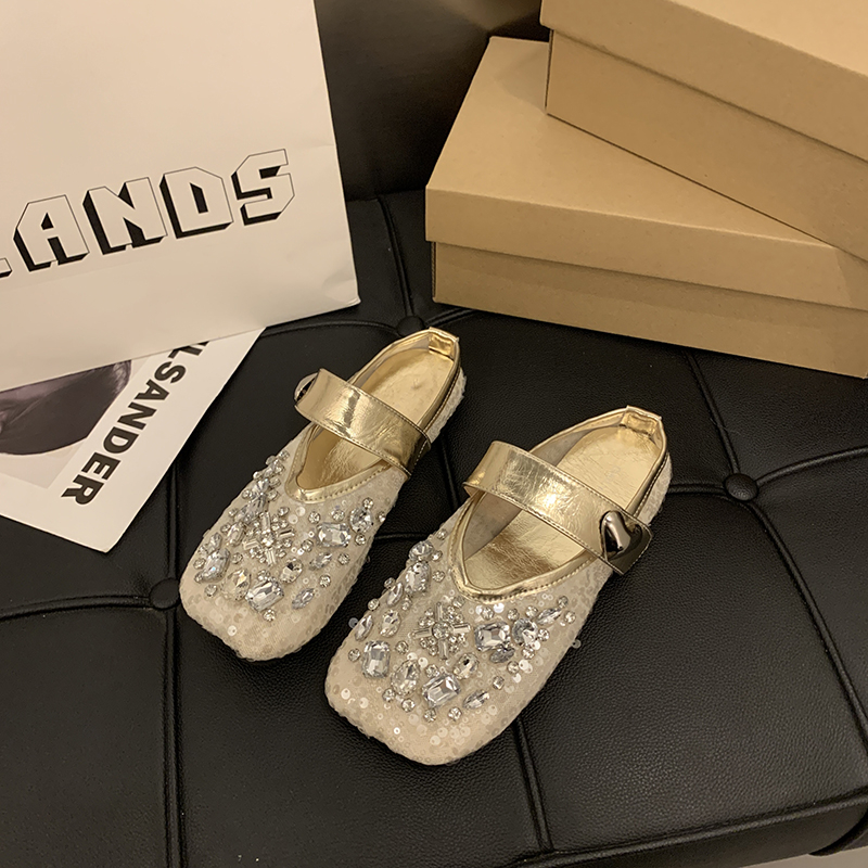 Top Quality Summer Women Flat Ballet Shoes Rhinestone Luxury Women slippers Platform Mesh Shiny Womens Casual Shoes Crystal Shoe Diamond Mary Jane San