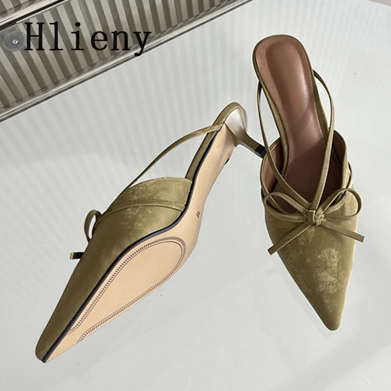 Hlieny Fashion Butterfly-Knot Pointed Toe Low Thin Heels Mules Slippers Women Pumps Shallow Slingback Sandal Female Shoes 250217