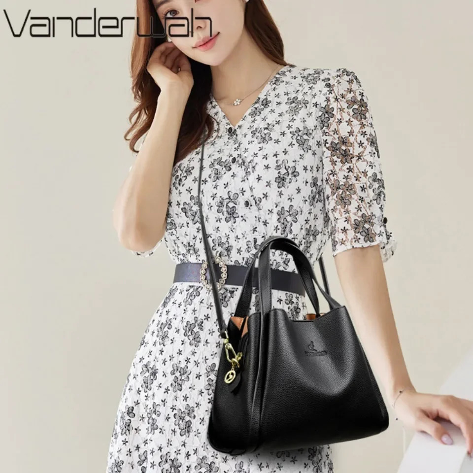 VANDERWAH Genuine Soft Leather Tophandle Bags Female Handbag Shoulder Crossbody Messenger Bag 3 Layer Sac 250206