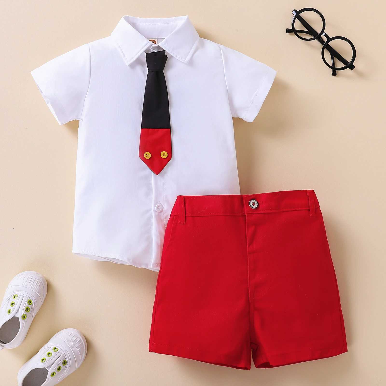 2 Pieces Kids Suit Set Summer Contrast Color Lapel Short Sleeve Shirt with Necktie+ Short Pants for Boys 1-8 Years W250218