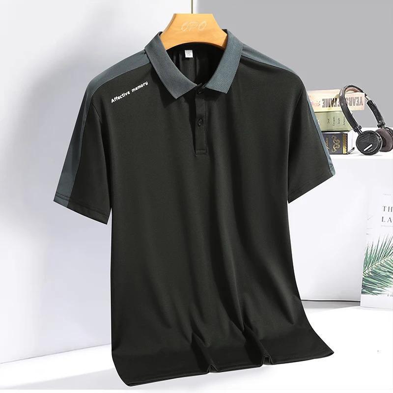Mens Polo collar top with summer ice silk breathable quick drying short sleeved Tshirt patchwork contrasting color polo shirt 250213