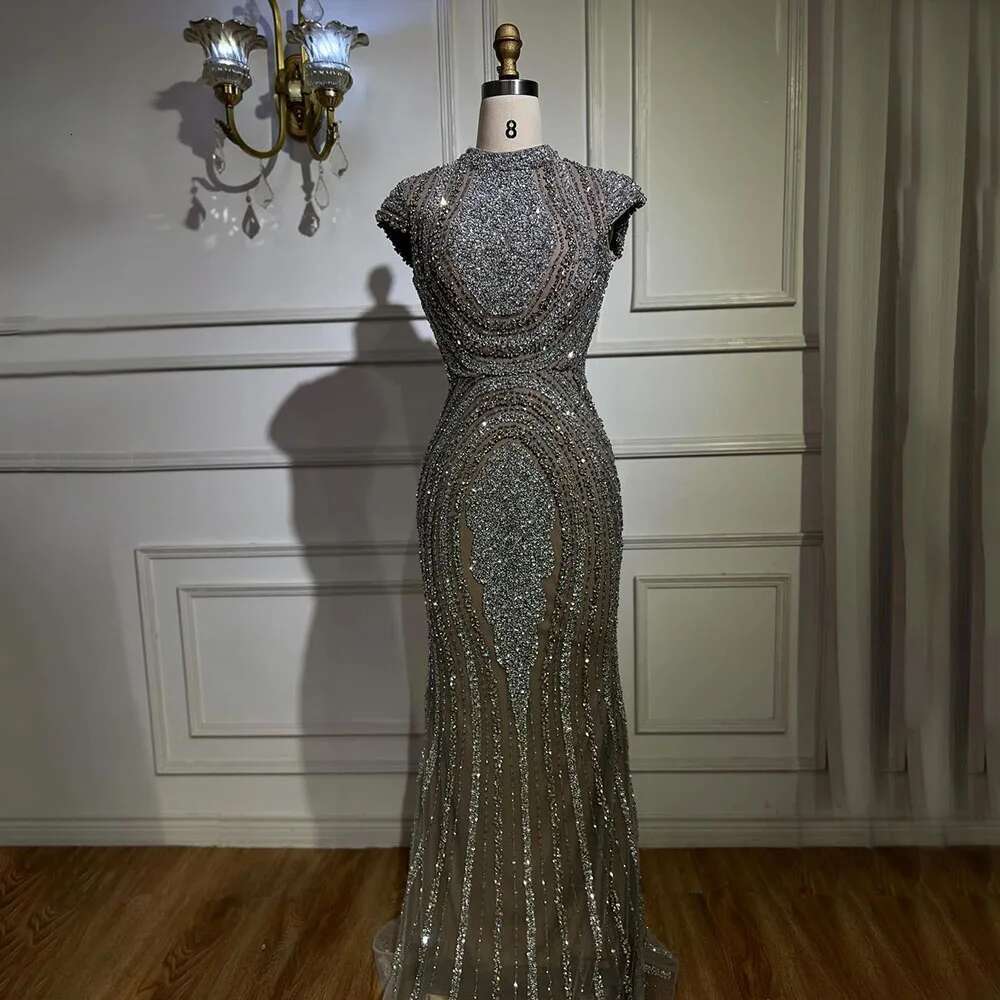 Dubai Arabic Gray Nude Mermaid Or Length Beaded Evening Dresses Gown Customize dresses Party