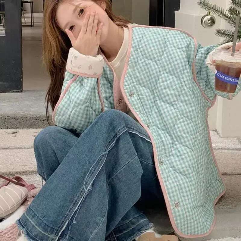 Two-Sided Wear Cotton Jacket Korean Sweet Pink Ral Checkered Coat Women Autumn Winter Loose Casual Single Breasted Tops