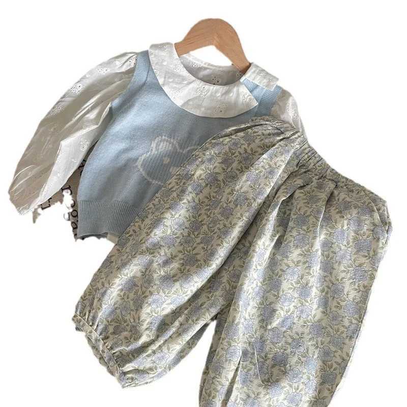 Spring Autumn Children Girls 3PCS Clothes Set Solid Shirts Knitted Vest Floral Loose Pants Suit Toddler Girl Outfits W250218