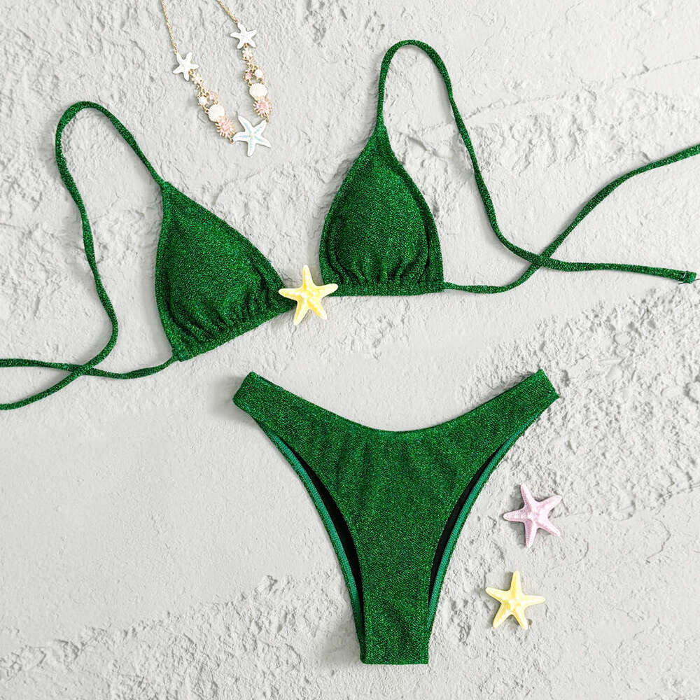 2025 New Sexy Star Bikini Solid Color Fluorescent Neck Hanging Swimsuit Thong Bathing Suit Bikini Gt Cut Luxury Swimwear Luxury Bikini New Arrival