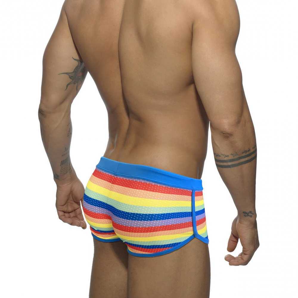 Sexy side split rainbow swimsuit mens quick drying terrace U-bag swimsuit summer fashionable mens beach surfing swimsuit M250218
