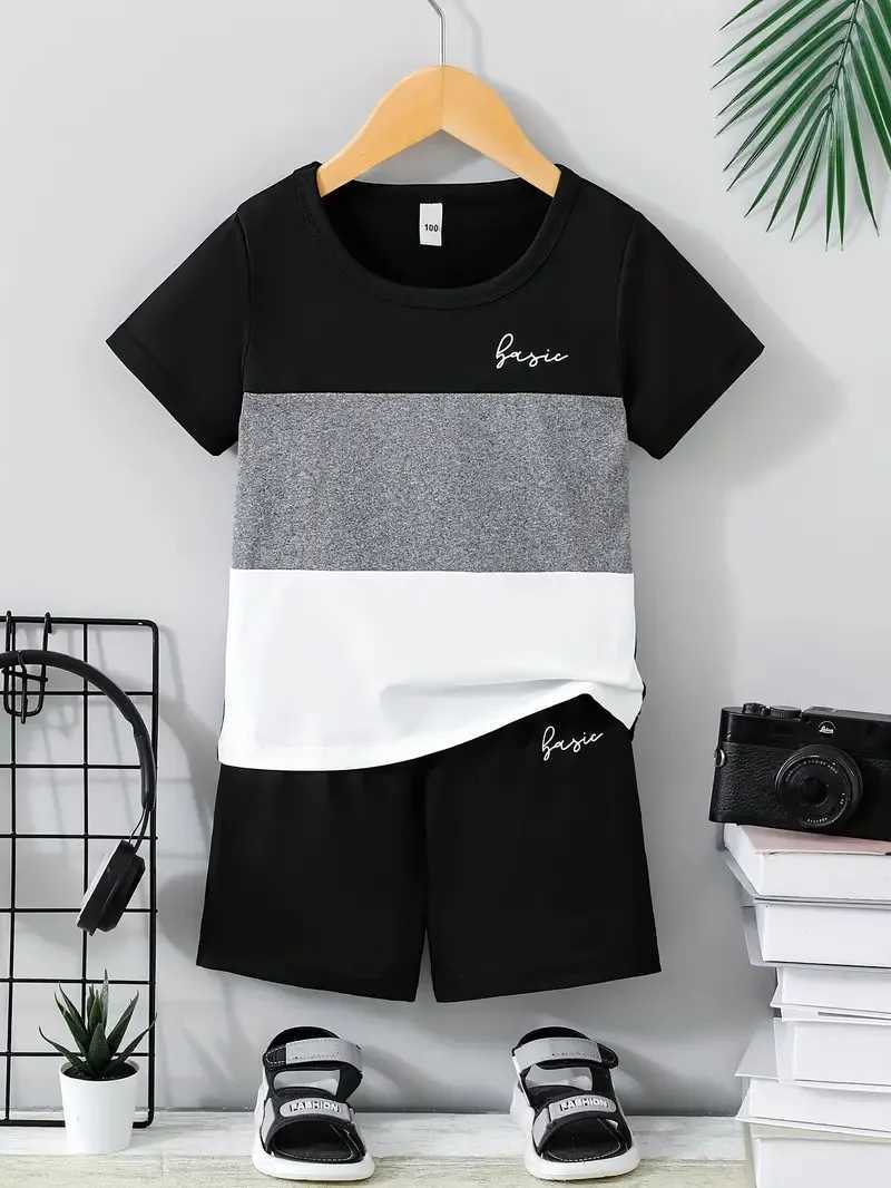 Summer childrens boys clothes color matching T-shirts and shorts 2-piece set baby girls short-sleeved tops and bottoms W250218