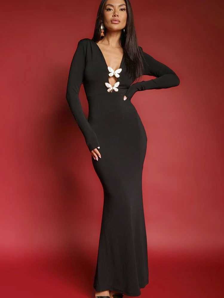 Basic Casual Dresses Fantoye Elegant Dp V-neck Butterfly Women Maxi Dress Black Long Slve Evening Dress Female Winter Slim Fashion Party Clubwear H252