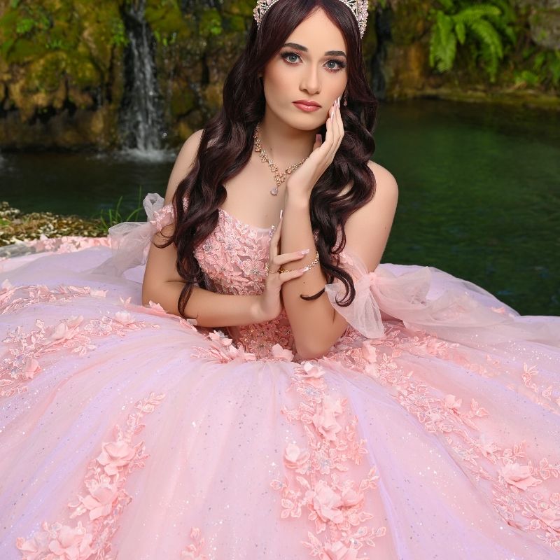 Pink Shiny Quinceanera Dresses Ball Gown Off The Shoulder Applique Lace Beads Tull Party Birthday Sweet 16 Dress Vestido 15 De Anos