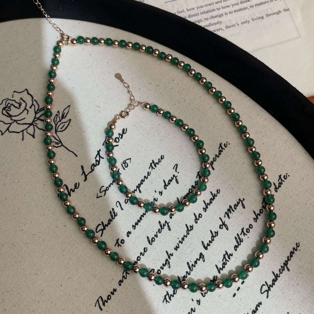 Tiqi S sier green agate necklace, women's new Chinese style bracelet, natural stone layered collarbone chain accessory