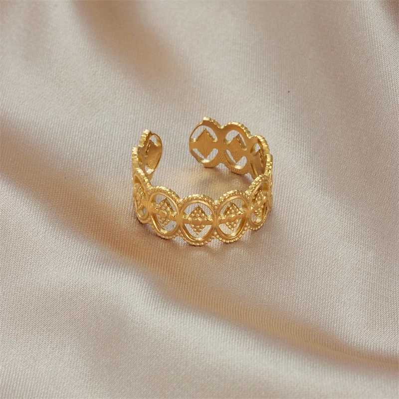 Cluster Rings DIEYURO 316L Stainless Steel Retro Open Womens Ring Hollow Outer Gold Adjustable New Jewelry Wholesale H250217