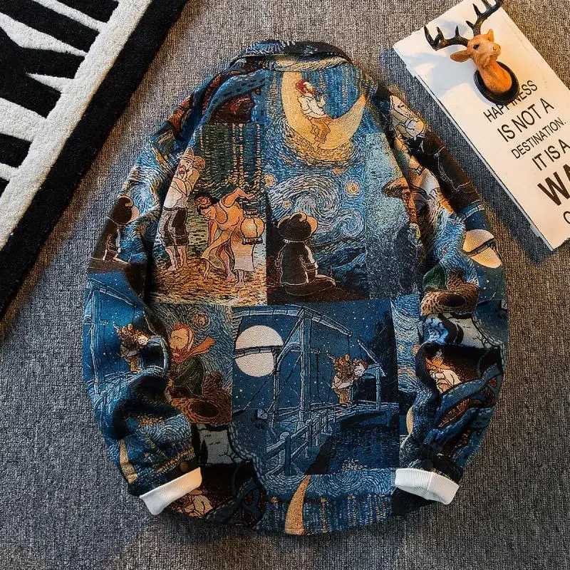 American retro Van Gogh oil painting long sleeved mens loose street casual shirt mens jacket mens top W250217