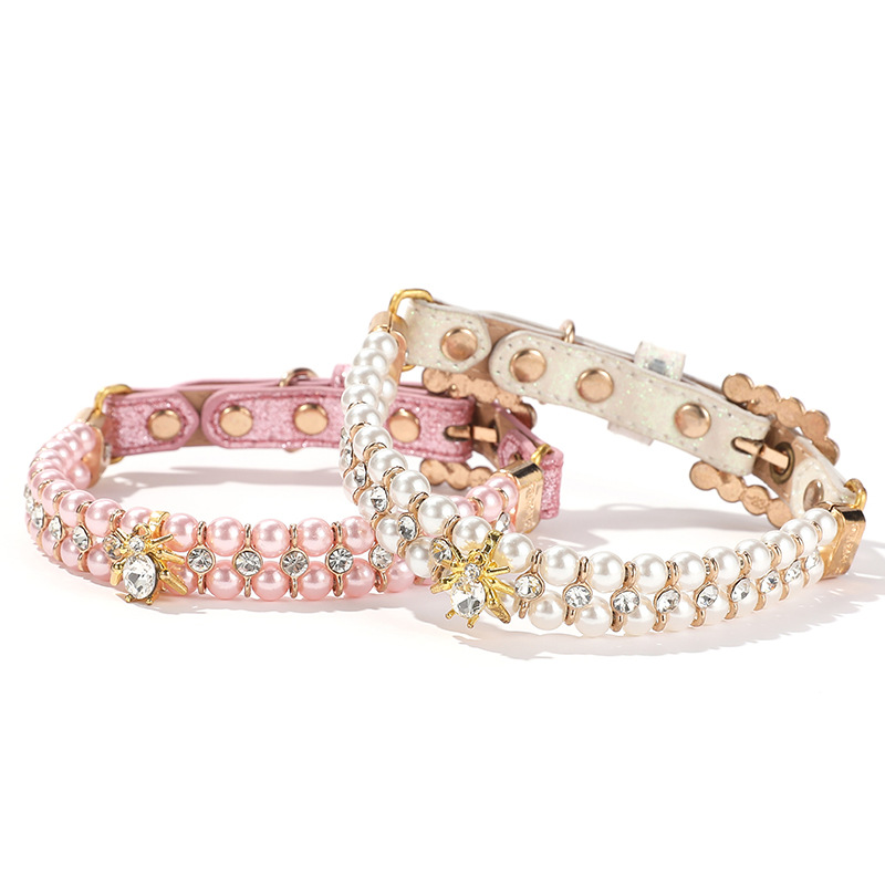 Luxury Pearl Dog Collar with Rhinestone Gold Beetle Accessories, Shiny Leather Dog Collar for Female Puppy Kitten Small Medium Dogs Birthday Gift and 