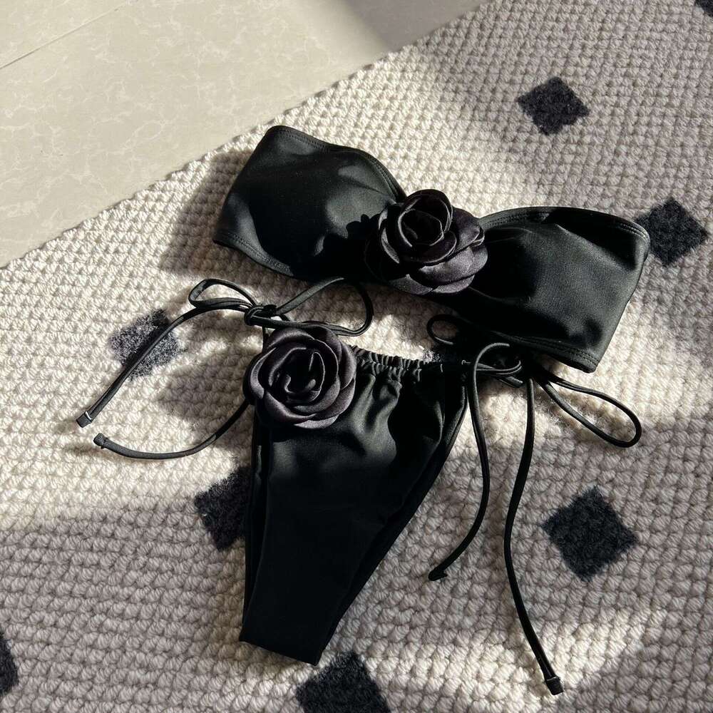 2025 New Solid Rose Bra with Drawstring Strap Split Swimsuit Bikini 9150 Womens Swimwear Triangle Bikini Thong Swimwear Holiday New Arrival New Produc