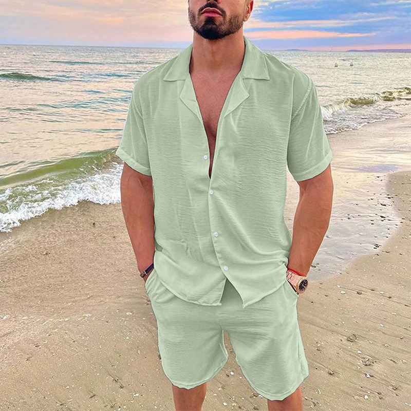 Mens Summer Casual Loose Two Piece Sets Beach Solid Cotton Linen Man Suit Short Sleeve Button Shirt And Shorts Office Outfits 250217