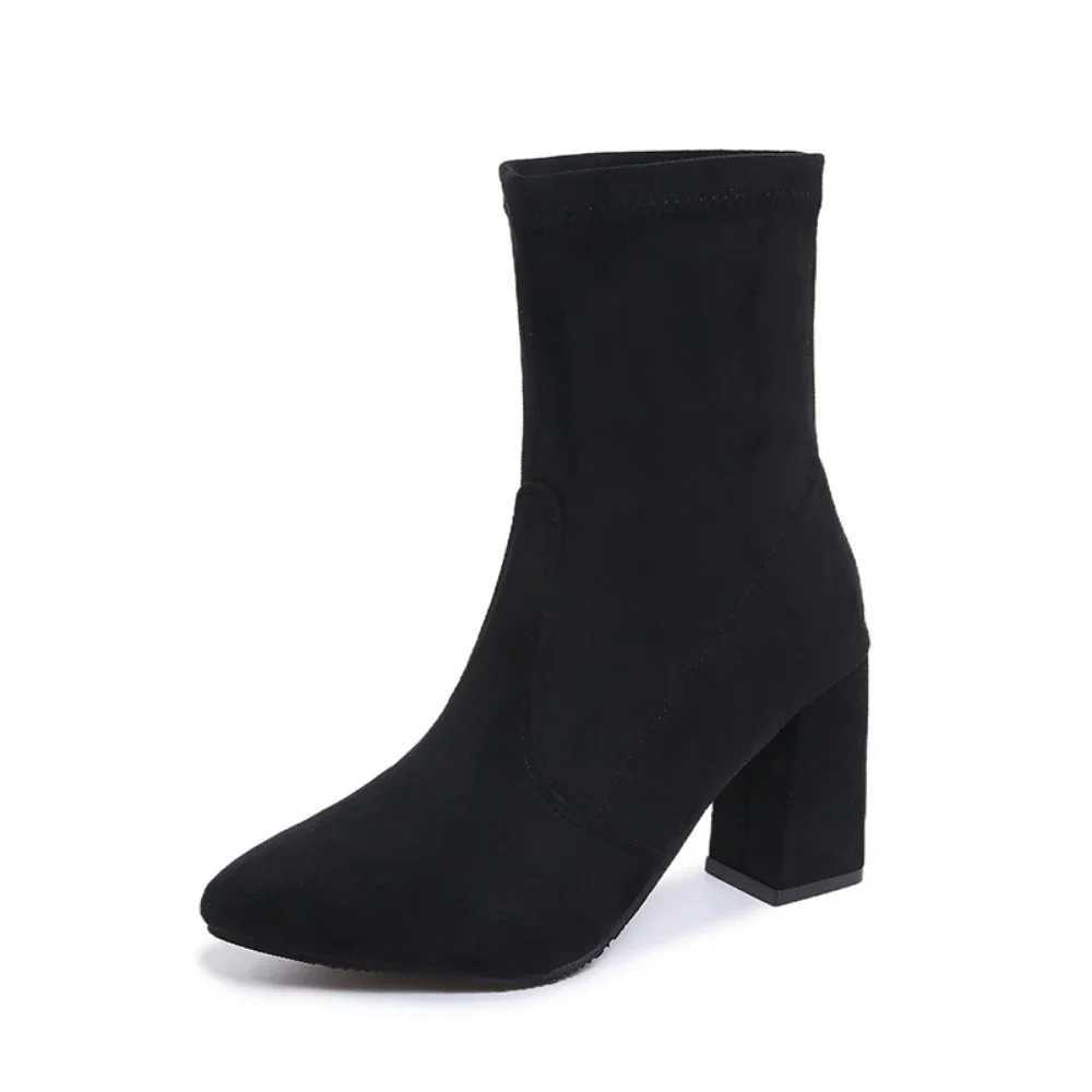 Size 34-42Thick Heel Ankle Boots Black Brown Flock Women Winter Shoes Elegant High Heel Pointed Toe Short Booties LadiesXJ250217