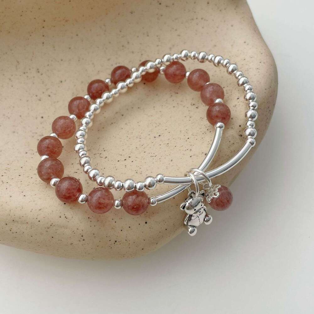 Tiqi Korean Double layer Strawberry Crystal Bracelet for Women S Pure Sier Vintage Bear Fashionable and Versatile Handmade Jewelry