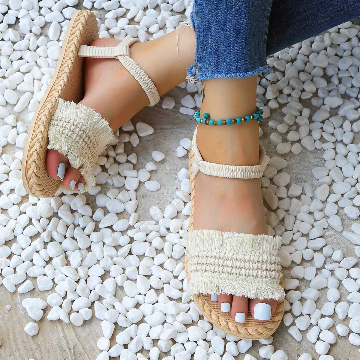 New Arrival Womens fashion trend tassel shoelaces are non slip wear-resistant comfortable soft soled flat heeled sandals T250218