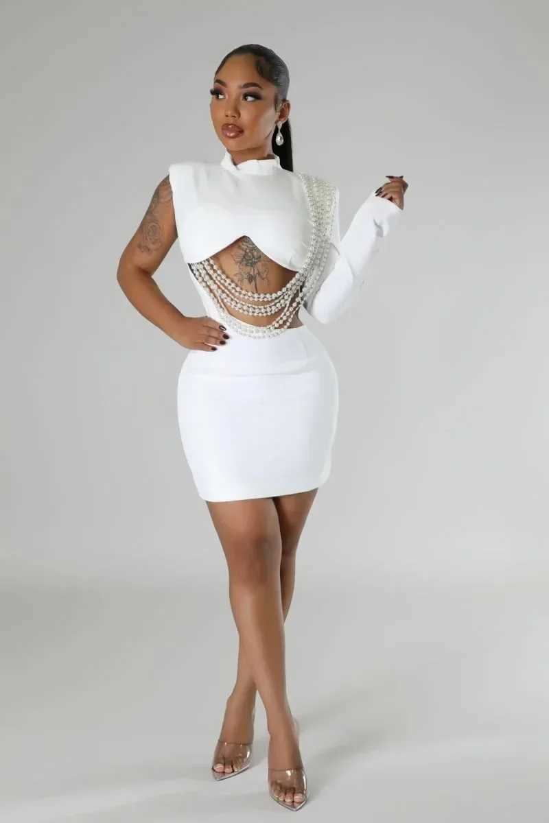 Basic Casual Dresses Women Full Slve Elegant O-neck Mini Dress 2025 Summer Pearl String Sexy Strt Night Club Party Vestidos Dresses H25217