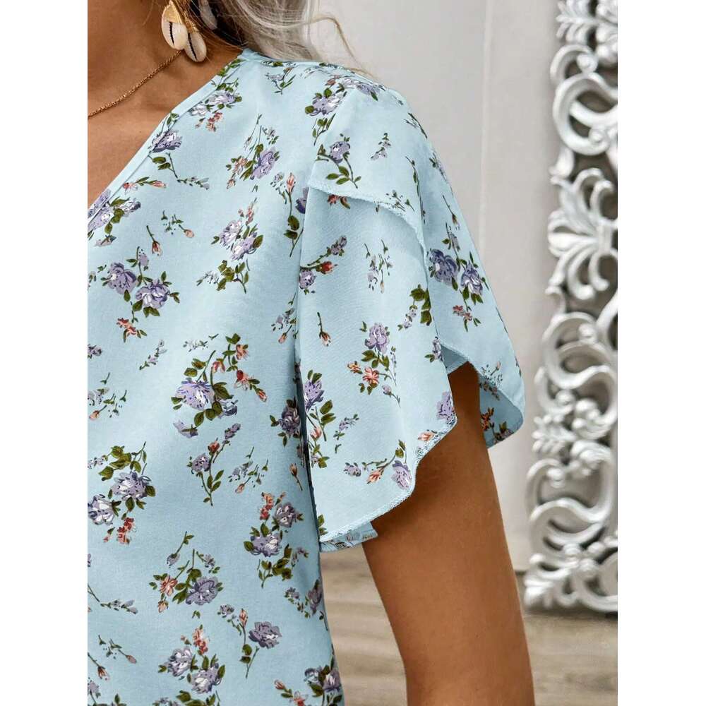 Elegant Casual Women's V-Neck Holiday Ruffled Short Sleeve Ral Summer Shirt For Women