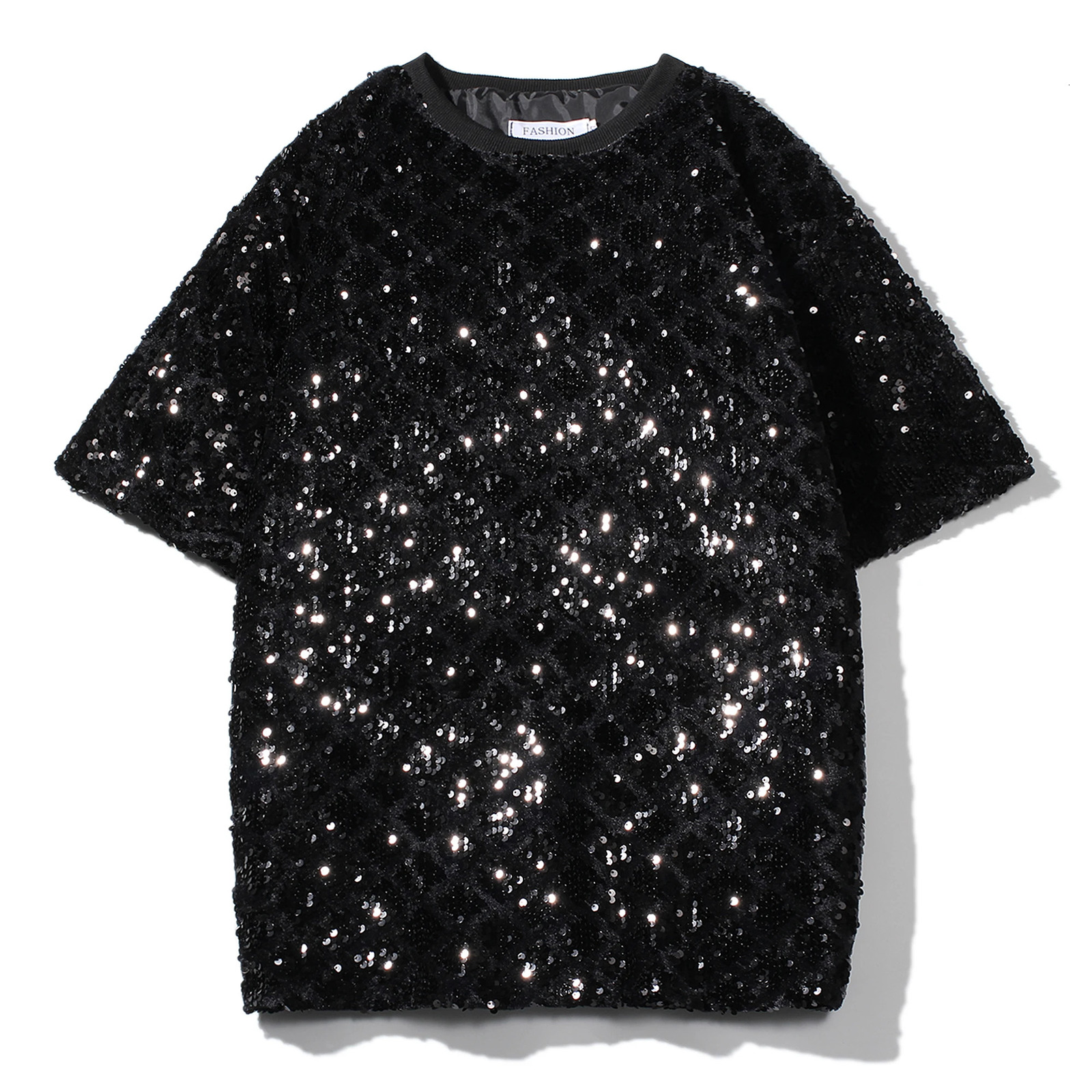 2025 Shiny Sequin Short Sleeve T-shirt Nightclub DJ Hip Hop Punk Tshirt Stage Costume Mens Harajuku Streetwear 250217