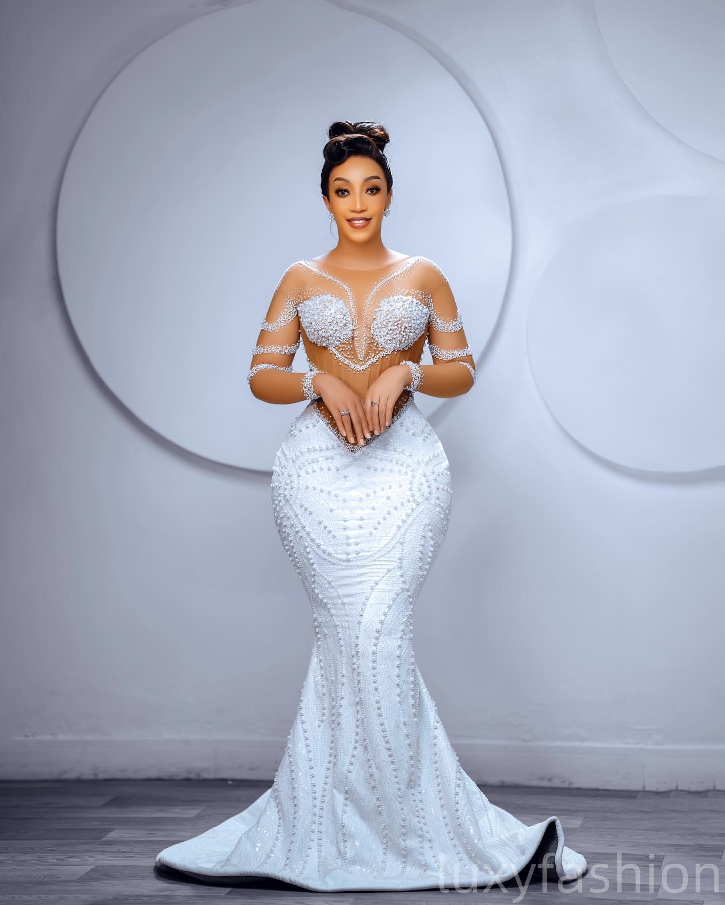 Aso Ebi 2025 White Illusion Mermaid Wedding Dresses Beaded Pearls Sequined Lace Detachable Train Bridal Gowns Dress ZJ0456