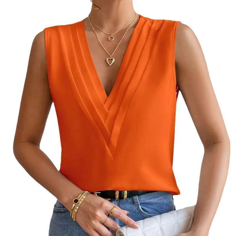 Women's Casual Tops V-neck Sleeveless Vest Tshirt Elegant Office Fashion Designer T Shirt New Black Solid Color Women's T-shirts