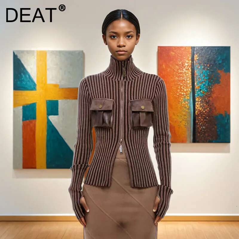 DEAT Women's 3D Pockets Splicing Zipper Design Knit Cardigan 2024 Winter Stand Collar Long Sleeves Tops Female Trendy