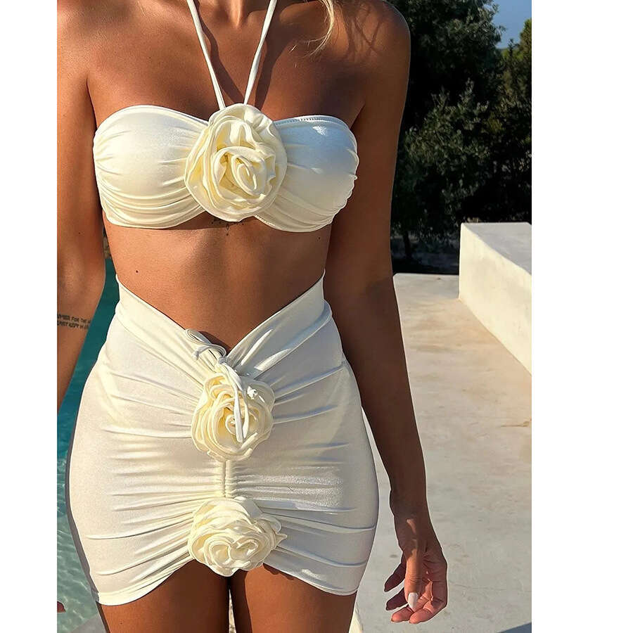 Hot Selg Milk White wer High Quality Beach Vacation Style Three Piece Set for Women, Bikini 2025 New Casual Fashion Trendy Clothing