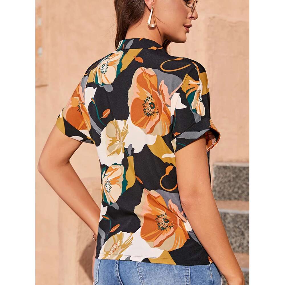 Fashion Retro Wer Print Women Shirts Summer New Casual V -Neck Short Sleeve Blouses Tops