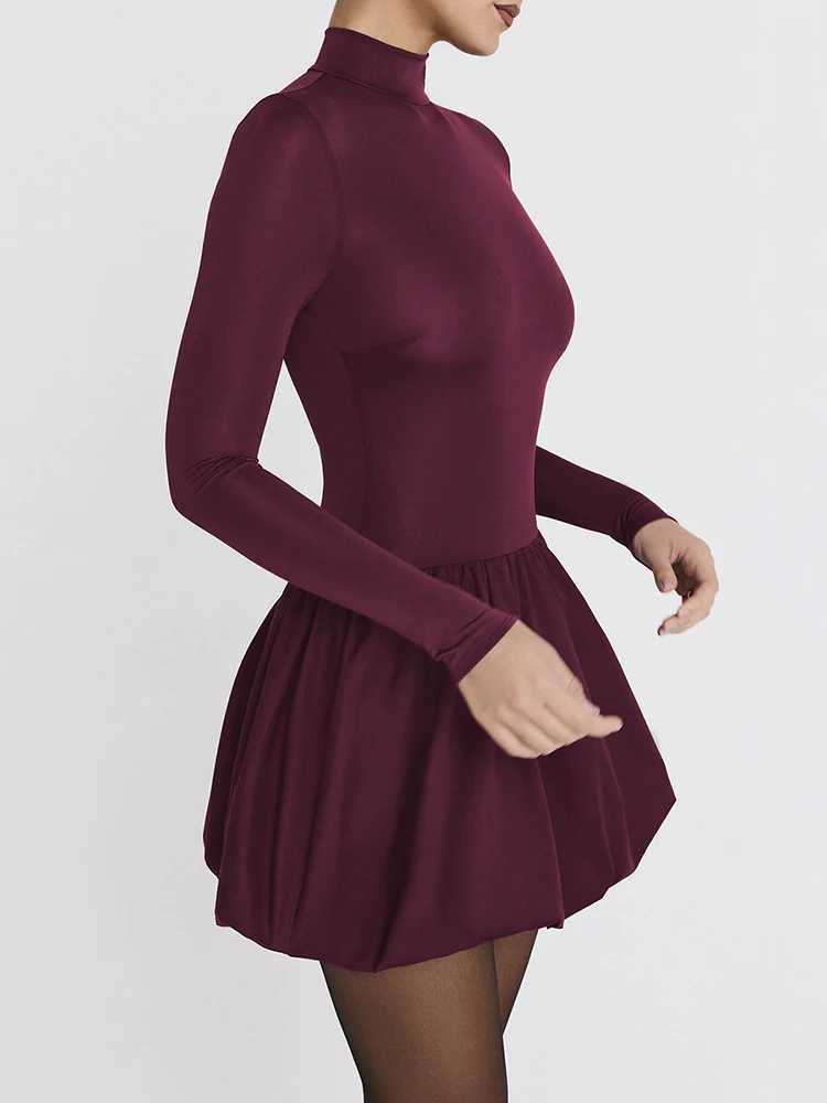 Basic Casual Dresses Fantoye Patchwork Turtleneck Long Slve Women Mini Dress Burgundy High Waist A-line Dress Female Winter Slim Elegant Strtwear H252