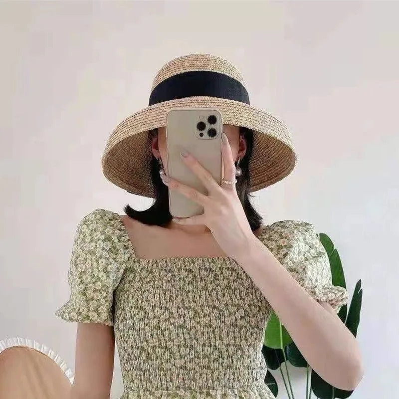Summer Womens Wheat Straw Hat Female Wide Brim Sunshade Panama Lady Classic Flat Webbing Sun Hats Seaside Vacation Beach Hat 250218